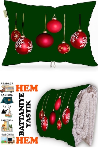 Yılbaşı Noel Desen Baskılı Tv Battaniyeli Opsiyonel Dekoratif Hediye Yastık Battaniye 2in1 Gifts-2 Çok Renkli