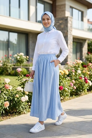Hb Harma Time Butik Kadın Beli Lastikli Çilek Kumaş Mavi Etek Mavi Mavi