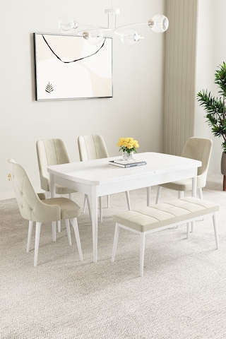 Clara Beyaz 80x132 Açılabilir Mdf Masa Yemek Odası Takımı,mutfak Takımı 4 Sandalye 1 Bench Krem