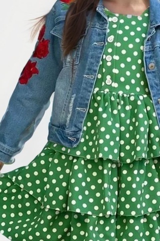 Riccotarz Kız Çocuk Çiçek Baskılı Kot Ceket Puantiyeli Kat Kat Piliseli Yeşil Elbise Yeşil