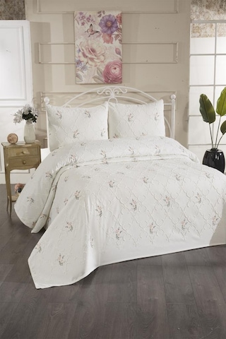 Pinkrose Nakışlı Şönil 3 Parça Çift Kişilik Yatak Örtüsü Krem Krem