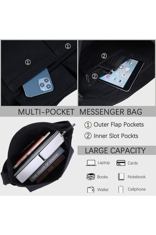 Yulong Kanvas Messenger Çantası Büyük Hobo Çapraz Çanta Çoklu Siyah