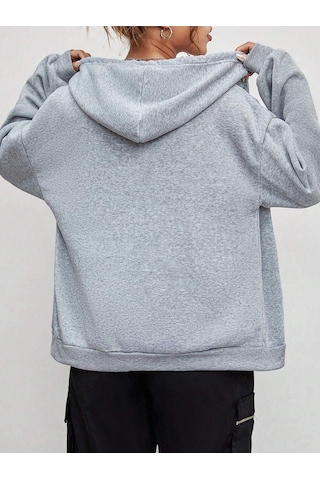 2'li Baskısız Fermuarlı Hırka Sweatshirt - Siyah Gri Oversize Kışlık Kalın Kapüşonlu Siyah Gri