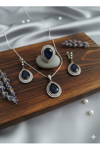 Safir Taşlı Gümüş Kolye Takımı Bronz