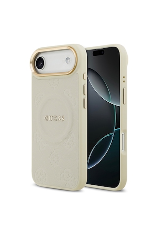 Apple Uyumlu iPhone 17 Air Kılıf Guess Lisanslı M-safeli Sıcak Baskı Yazı Logolu Pu Deri Peony Kapak Bej Bej