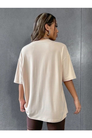 Flood Of Style Kadın Kahverengi Baskılı 1898 Brooklyn New York Bej Oversize Bisiklet Yaka T-shirt