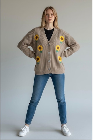 Bohem Stil Şardonlu Pamuklu Çiçek Motifli Hırka Camel
