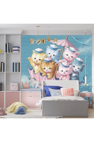 Şemsiyeye Binmiş Kediler Çocuk Odası Poster Duvar Kağıdı