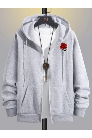 Altamira Unisex Beyaz Çicek Baskı Fermuarlı Kapüşonlu Oversize Hırka 001