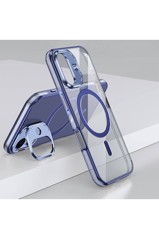 Apple iPhone 16 Plus Uyumlu Kılıf Magsafe Şarj Özellikli Wlons Standlı Efsane Kapak Mavi