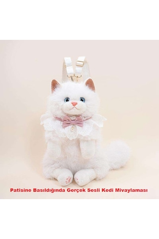 Mumicemum Kedi Sırt Çantası Büyük Boy Beyaz Peluş Fermuarlı Çocuk Sırt Çantası