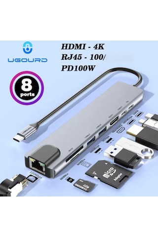 Ugourd 8'in 1'i Pd 100w/ Hdmı 4k/rj45 100mbs./sd-tf/usb/type-c