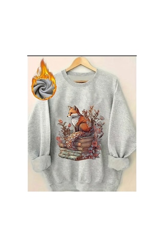 Herkesemoda Tilki Ve Kitap Baskı Detaylı Bisiklet Yaka Sweatshirt Gri
