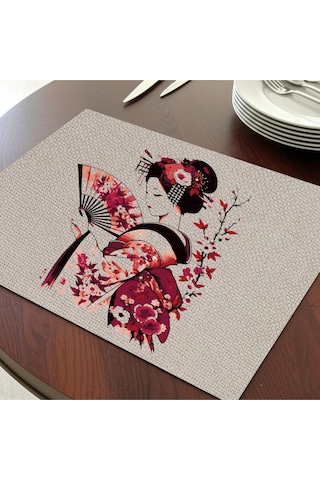 Çin Yelpazeli Kadın Tasarımlı Amerikan Servis, Tabak Altlığı & Şık Masa Dekoru, Ev Hediyesi, 2 Adet Krem