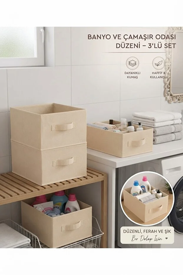 3 Adet Krem Kumaş Katlanabilir Dolap İçi Düzenleyici Kutu 45x30x20 Cm Kıyafet Ve Giysi Organizer Banyo Açık Bej