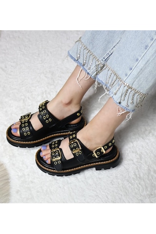 Asmi Shoes Kadın Simya Siyah Çift Bantlı Kapsül Detaylı Kalın Taban Ortopedik Sandalet Siyah Siyah