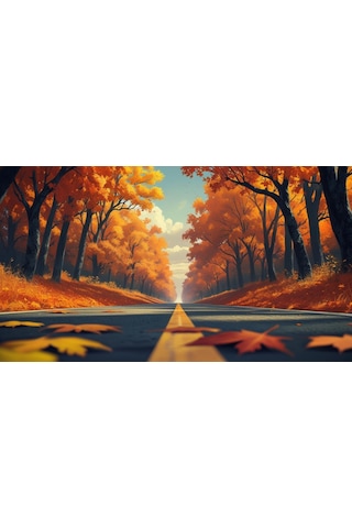 Doğa Ve Manzara Yatay Sonbahar Ağaçlarının Arasında Ufka Doğru Uzanan Yalnız Yol 03 Çerçevesiz 90x60cm Pvc Tablo
