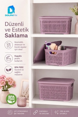 Jute Kapaklı Saklama Kutusu 2,5 L Plastik Mutfak Kiler Dolap İçi Organizer Mor
