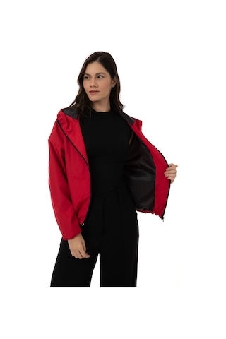 Spor Kadın Kapüşonlu Su Ve Rüzgar Geçirmez Cepli Astarlı Oversize Mevsimlik Yağmurluk-229 Kırmızı