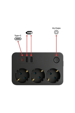 Üçlü Akım Korumalı Çocuk Korumalı 2x Usb 1x Type-c Grup Priz Uzatma 1,8 Mt Kablolu 2 M
