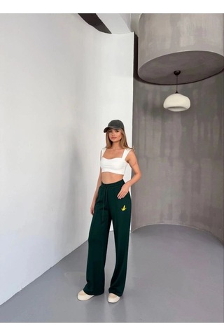 Freedom Store Kadın Osy Modal Yumuşak Dokulu Kumaş Nakış İşlemeli Rahat Bol Paça Eşofman Pantolon - Yeşil