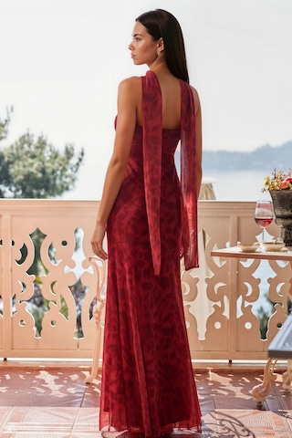 Hiccup Straplez Çiçek Desenli Tül Kuşaklı Bodycon Maxi Elbise Kırmızı