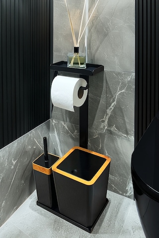 3'ü 1 Arada Banyo Seti Tuvalet Kağıtlık, Çöp Kovası Ve Tuvalet Fırça Takımı Kahverengi - Siyah