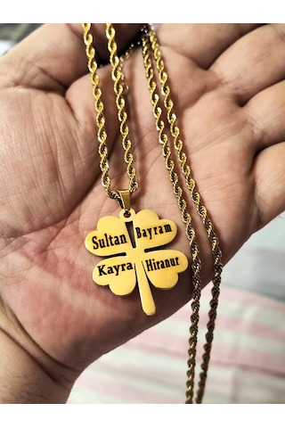 Yonca Model Aile Temalı Çelik Kolye Tasarım Kutulu Kişiye Özel Gold