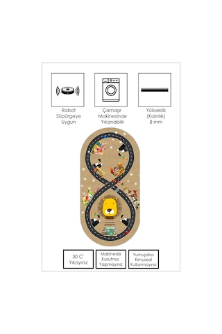 West Home Makinede Yıkanabilir Kaymaz Taban Leke Tutmaz Yol Desenli Çocuk Odası Halısı Oyun Halısı