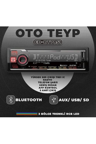 Edison Ed-bt7851ıc Oto Teyp Mp3 Çalar/fm Radyo/usb/aux/sd/bt/2 Amfi Çıkış/4 60w/app Kontrol/kumanda
