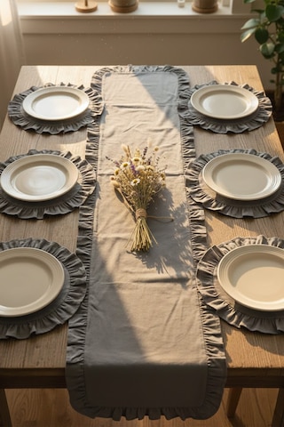 Yunusoğlu Home Fırfırlı Runner Ve Supla Takımı - Masa Örtüsü Takımı 7 Parça 150x50 Cm Füme