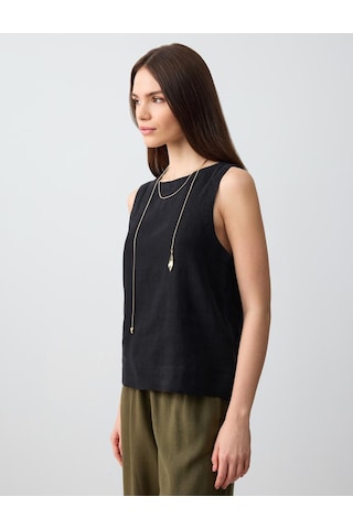 Jimmy Key Siyah %100 Keten Yuvarlak Yaka Kolsuz Dokuma Bluz 5sw032579900