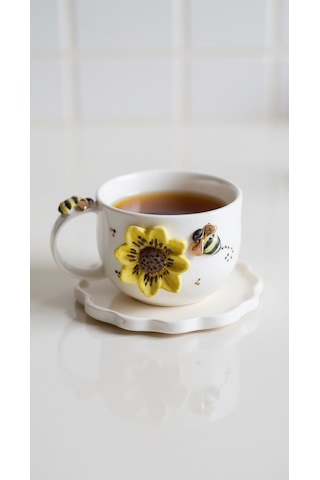 24k Altın El Yapımı Ayçiçeği Ve Vız Vız Arı Temalı Seramik Mug Altın - Sarı