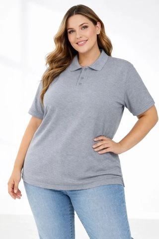 De'charme Pike Kumaş Düğmeli Yaka Battal Büyük Beden Günlük Kısa Kol Tişört T-shirt - Gri