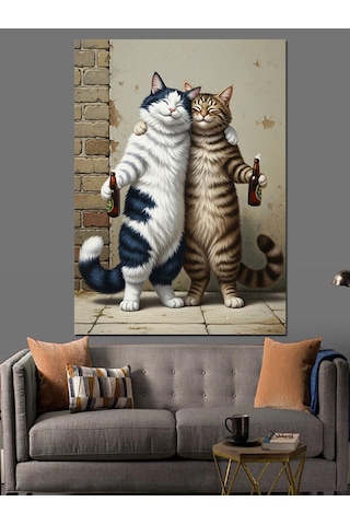 Ahşap Tablo İki Kedi Dostluk İçecek İnsan Figürlü Tablolar