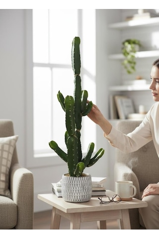 Yapay Kaktüs Euphorbia İngens Şamdan Ağacı Beton Saksıda Yapay Bitki 70cm Yeşil