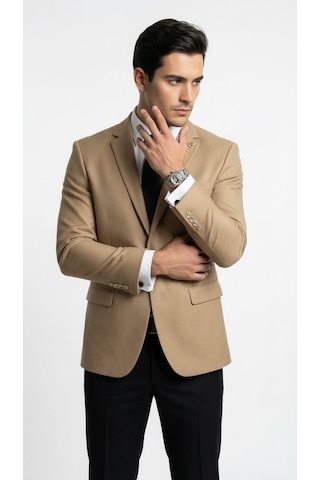 Plus Scorpion Erkek Blazer Ceket Twill Dokuma Likralı Notch Yaka 1 Düğmeli Çift Yırtmaçlı Slim Fit Camel