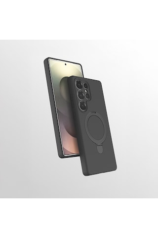 Samsung Galaxy Uyumlu S25 Ultra Kılıf 360 Derece Döner Standlı Magsafe Kamera Lens Korumalı Silikon Maks Technology Siyah