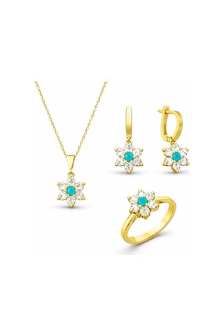 Gümüş Mavi Taşlı Gold Çiçek Kadın Set Çok Renkli 36689892