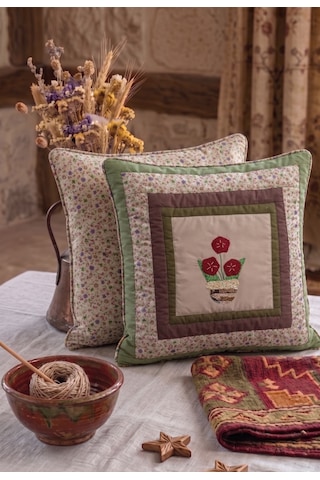Poplin Pamuklu Kırkyama Patchwork Dekoratif Kırlent Kılıfı 45x45 Cm Açık Yeşil