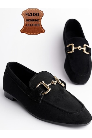 Muggo Mona Garantili Metal Tokalı Deri Kadın Loafer Günlük Ayakkabı Siyah