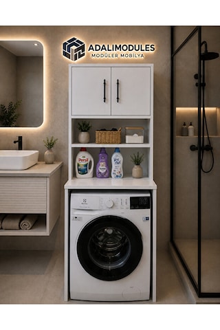 Deniz İki Kapaklı Çamaşır Makinesi Üstü Banyo Düzenleyici 2 Bölmeli Üst Dolaplı Çok Amaçlı Banyo Dolabı Beyaz