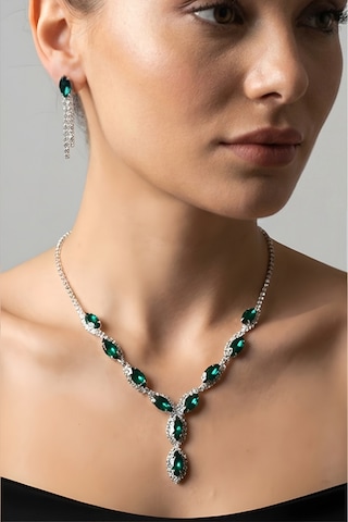 Accessories Yeşil Mekik Taşlı Su Yolu Kolye Küpe Takı Seti - Düğün, Kına, Nişan Gelin Takı Seti Gümüş - Yeşil