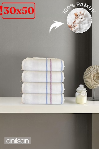 4'lü Beyaz Çizgili Düğün Havlusu 62gr %100 Pamuk 30x50 Cm El Ve Yüz Havlusu Beyaz