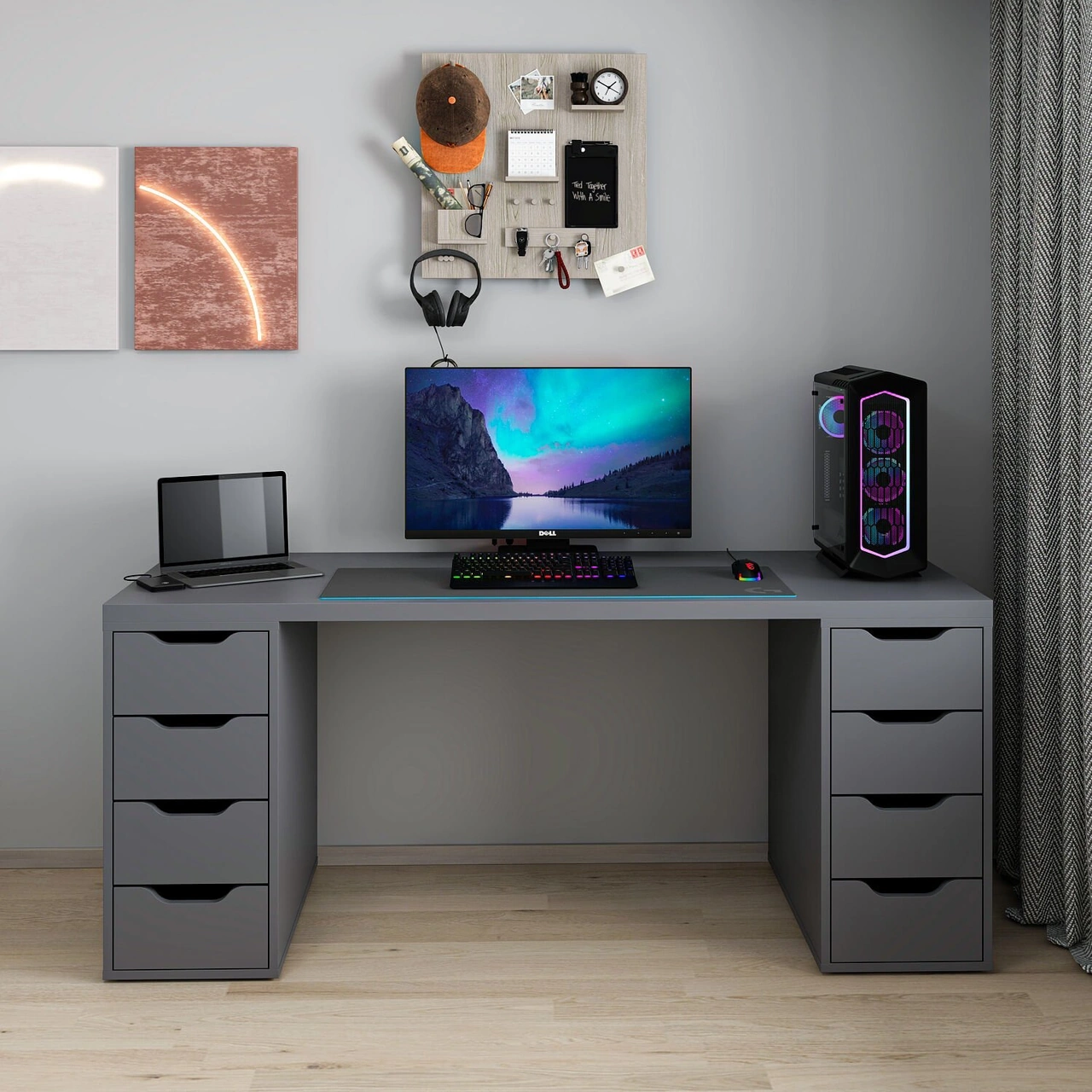 Alen 180 Cm 8 Çekmeceli Geniş Çalışma & Oyuncu Masası - Antrasit Siyah