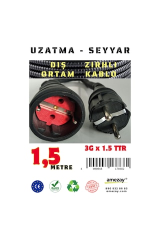 1.5 Metre Dış Ortam Spiral Zırhlı Uzatma Kablosu - G3x1.5 Kablo Kesiti 1.5 Metre