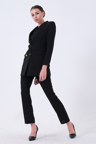 Feminist Siyah Kadın Dört Düğmeli Kruvaze Blazer Ceket & Pantolon Takım 0106305
