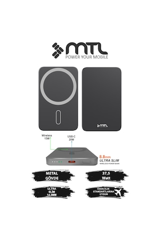 5000 Mah 15w + 20w Metal Ultra İnce Led Göstergeli 35w Turbo Şarj Magsafe Powerbank Mt4620 Çok Renkli