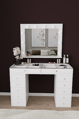 Df02115b Hollywood Işıklı Makyaj Masası 20 Cm Çekmeceli, Bölmeli, Aynalı Beyaz