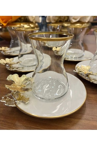 Çnr Home Collection 6' Lı Porselen Tabakli Paşabahçe Bardakli Kelebek Detayli Çay Seti Gold